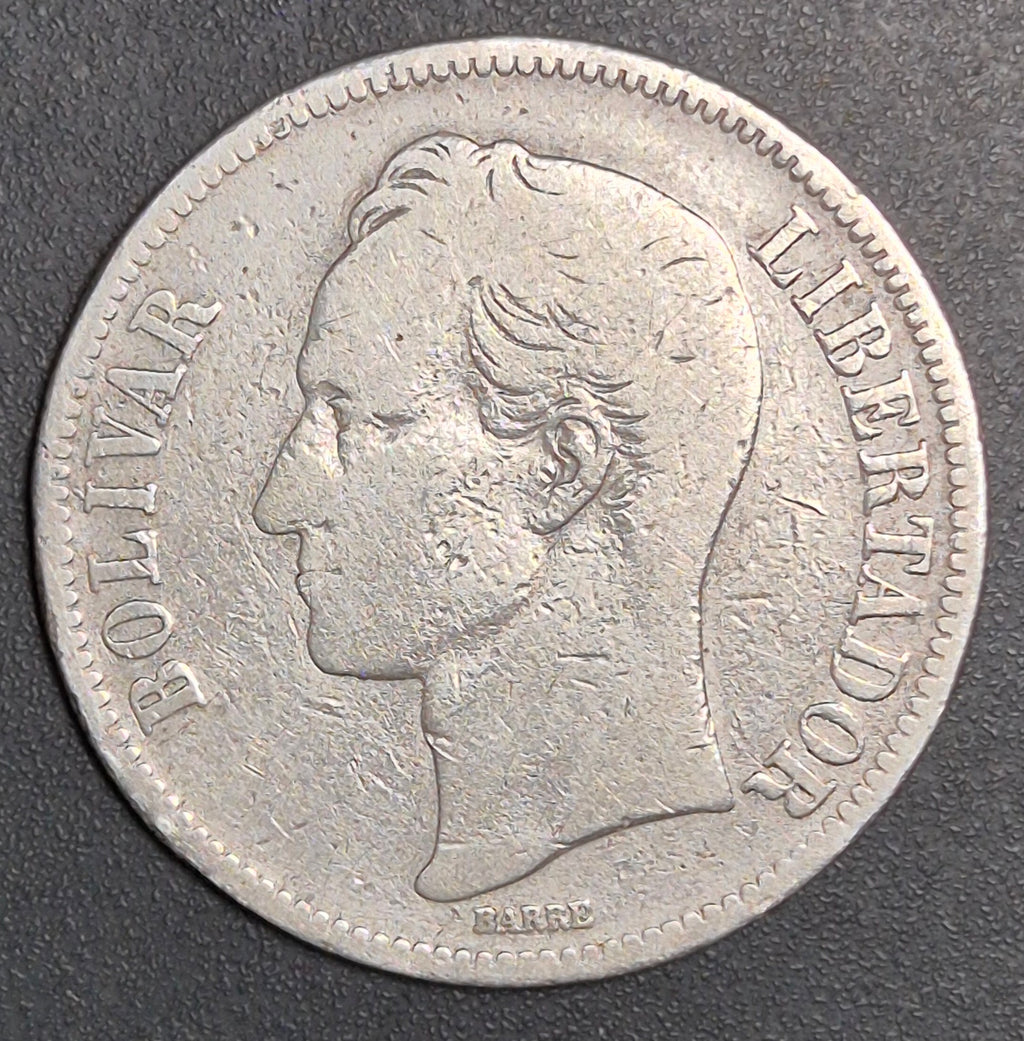 B630 .- MONEDA DE 5 BOLIVARES FUERTES, AÑO 1888 (SOLO 281mil ACUÑACIONES)  VF-    VENEZUELA