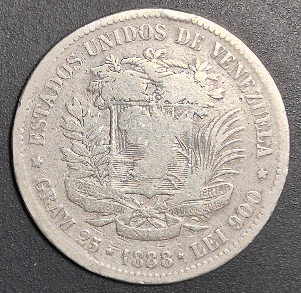 B630 .- MONEDA DE 5 BOLIVARES FUERTES, AÑO 1888 (SOLO 281mil ACUÑACIONES)  VF-    VENEZUELA