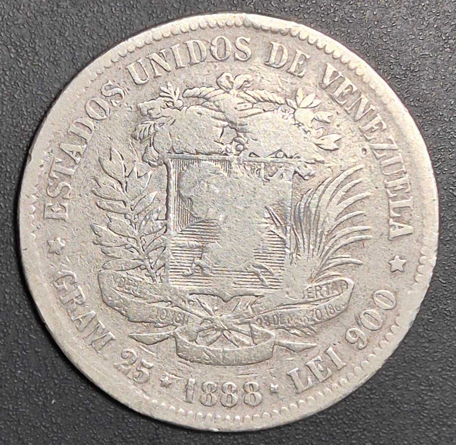 B630 .- MONEDA DE 5 BOLIVARES FUERTES, AÑO 1888 (SOLO 281mil ACUÑACIONES)  VF-    VENEZUELA