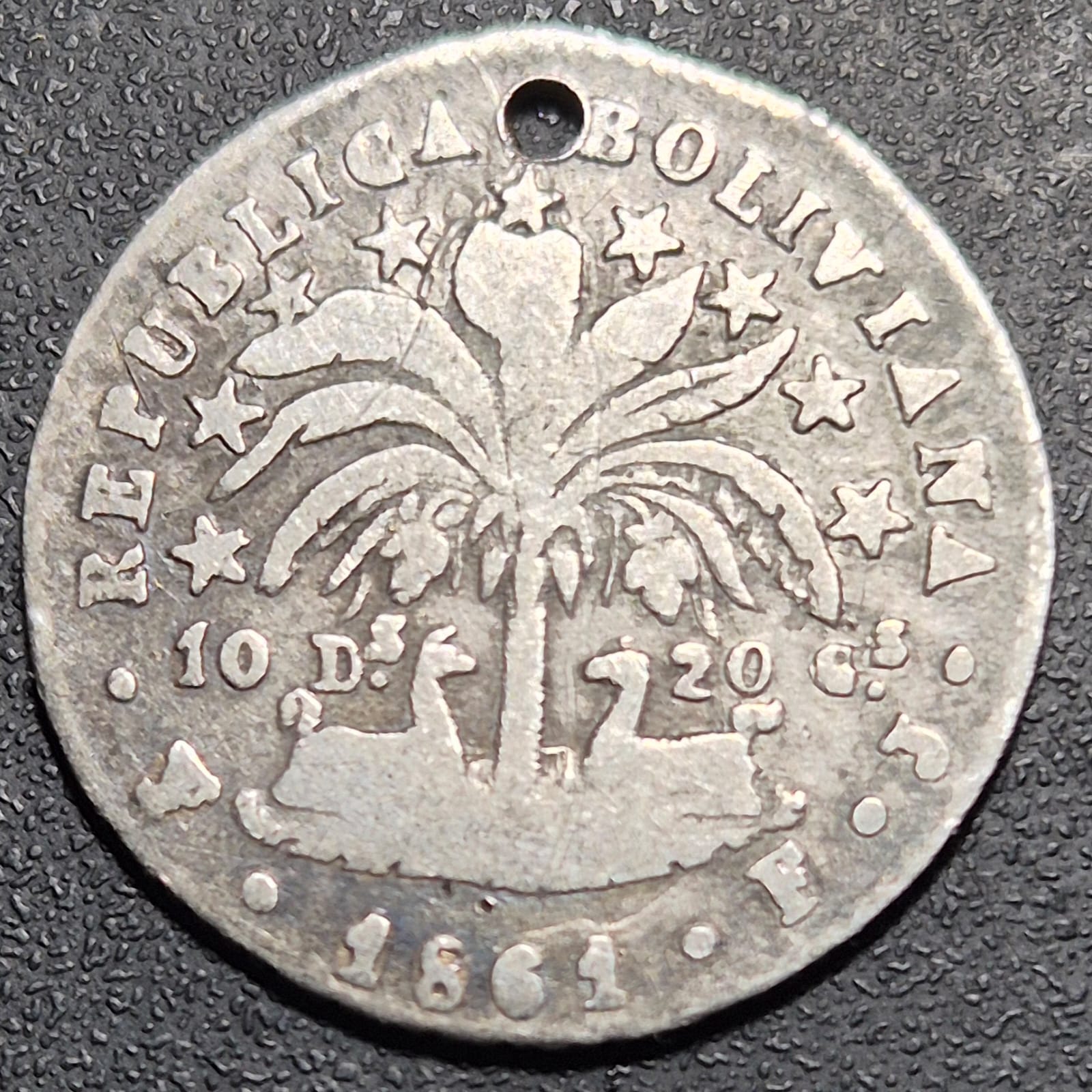 B636 .- MONEDA DE UN DÉCIMO DE SUELDO (20 C) AÑO: 1861  PERFORADA    BOLIVIA