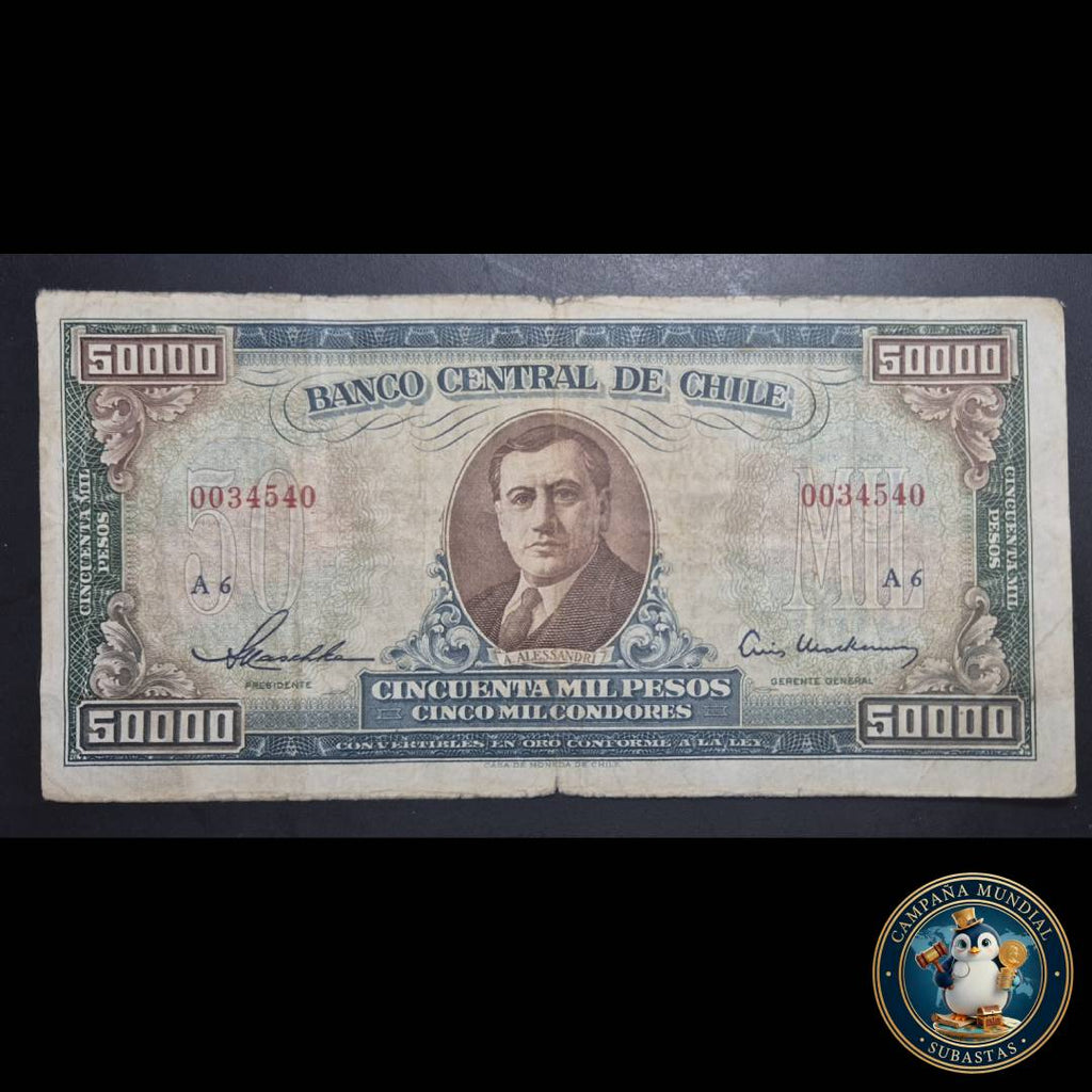 C1200 BILLETE DE 50000 PESOS SIN SOBRECARGA DE 50 ESCUDOS.VF+   CHILE