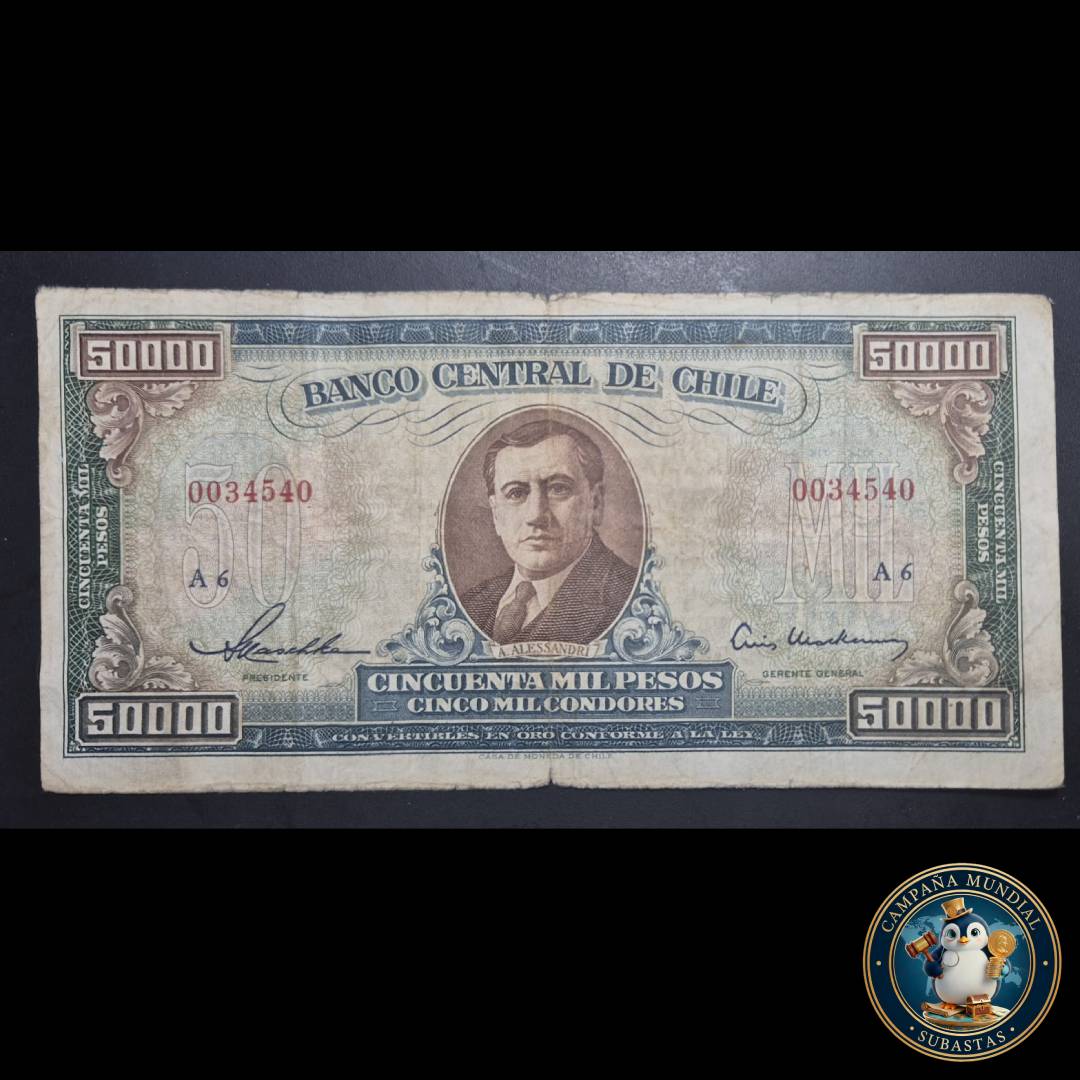 C1200 BILLETE DE 50000 PESOS SIN SOBRECARGA DE 50 ESCUDOS.VF+   CHILE