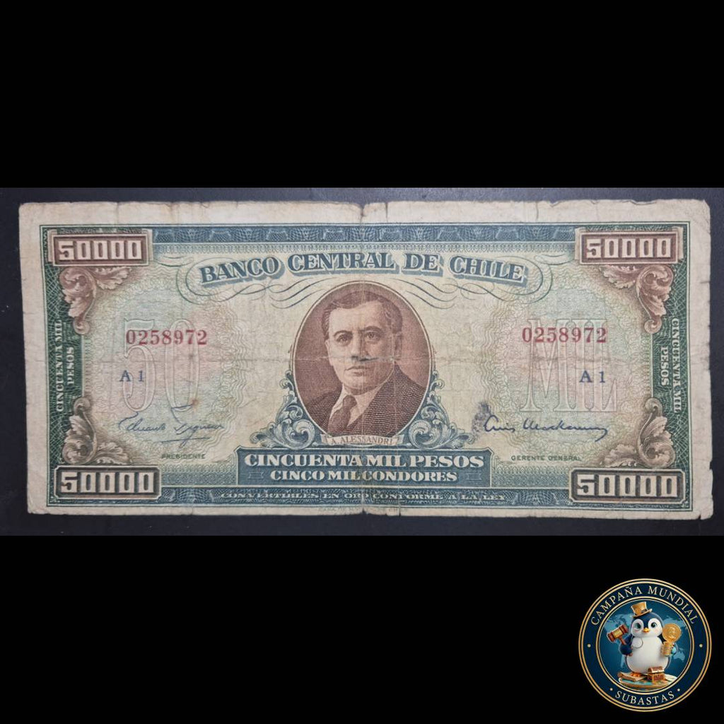 C1203 BILLETE DE 50000 PESOS CON SOBRECARGA DE 50 ESCUDOS. VF-   CHILE
