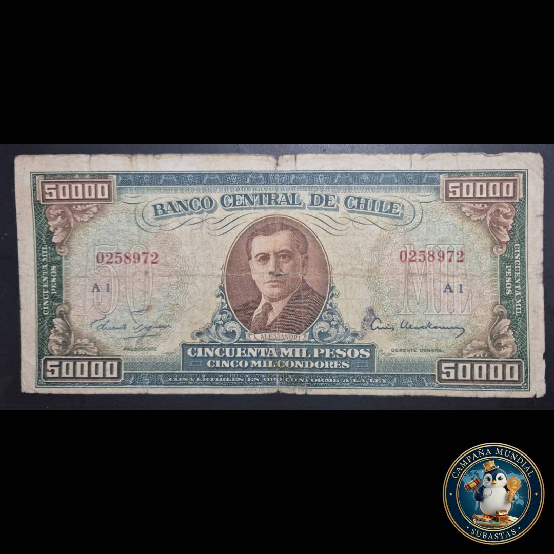 C1203 BILLETE DE 50000 PESOS CON SOBRECARGA DE 50 ESCUDOS. VF-   CHILE