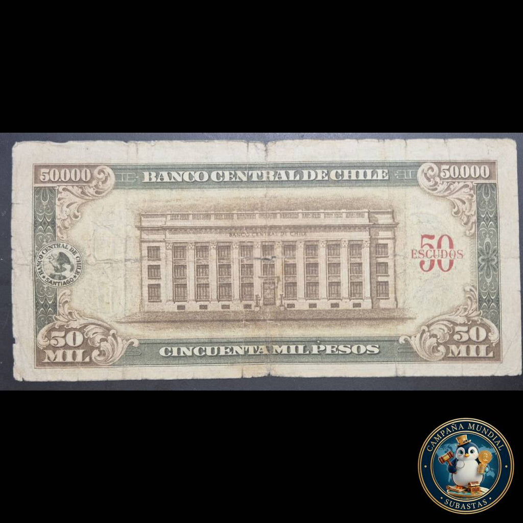 C1203 BILLETE DE 50000 PESOS CON SOBRECARGA DE 50 ESCUDOS. VF-   CHILE