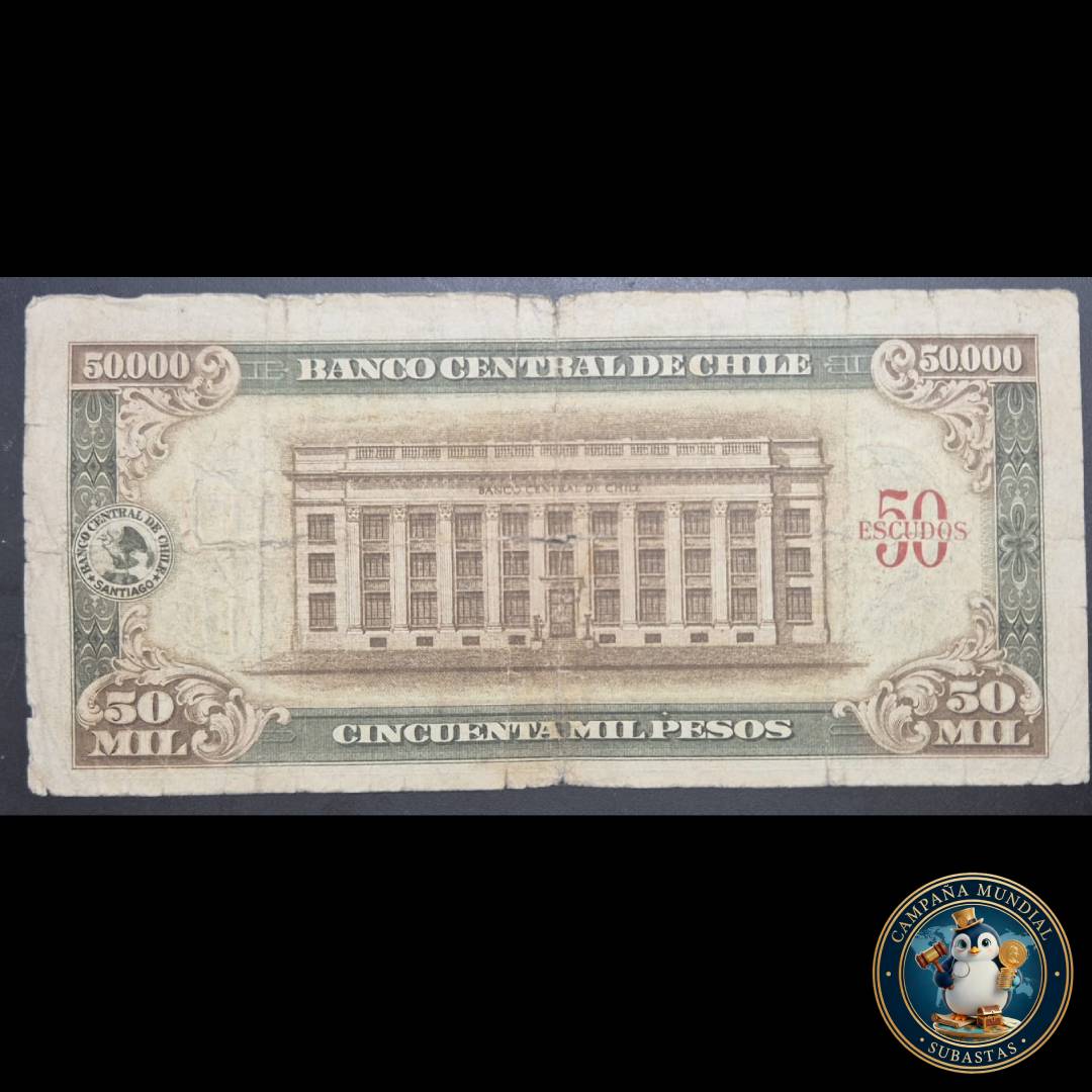 C1203 BILLETE DE 50000 PESOS CON SOBRECARGA DE 50 ESCUDOS. VF-   CHILE