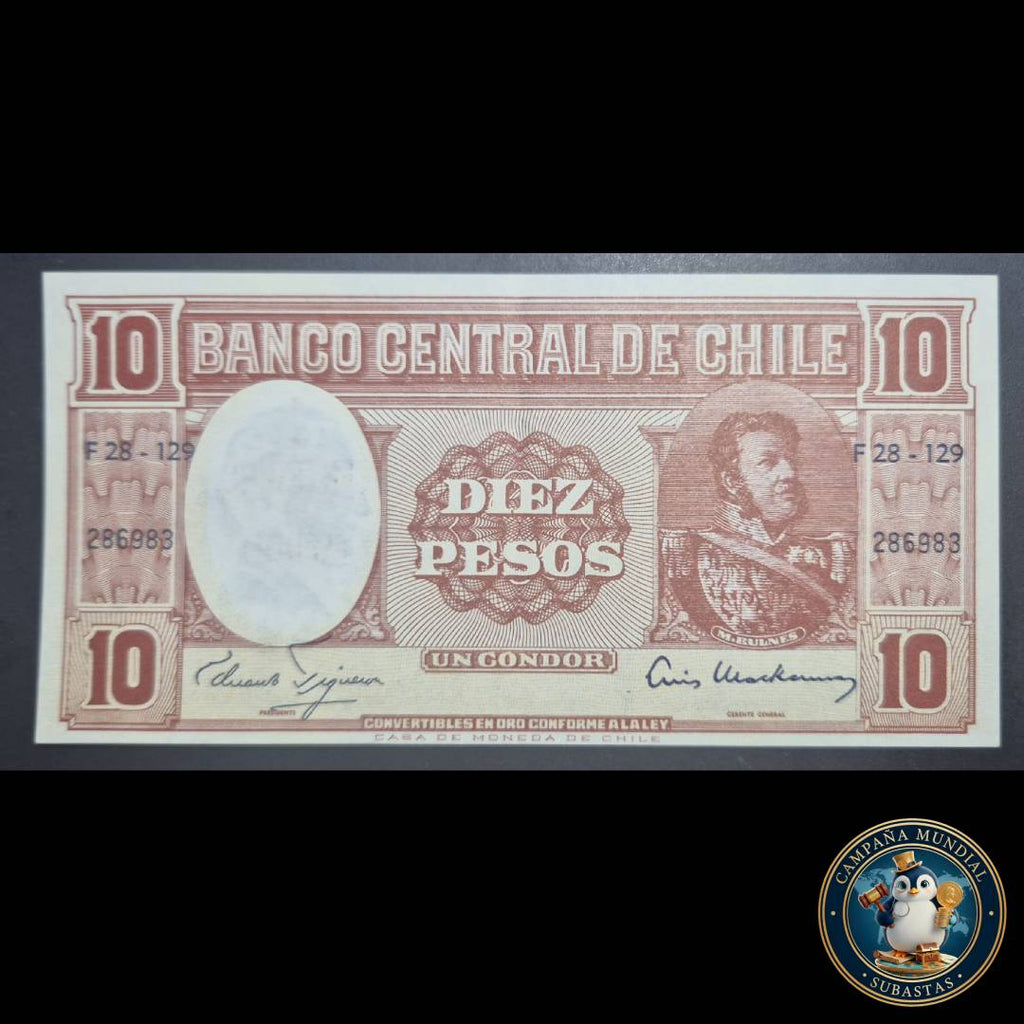 C1204 BILLETE DE DIEZ PESOS CON SOBRECARGA DE 1 CENTESIMO DE ESCUDO.   UNC  CHILE