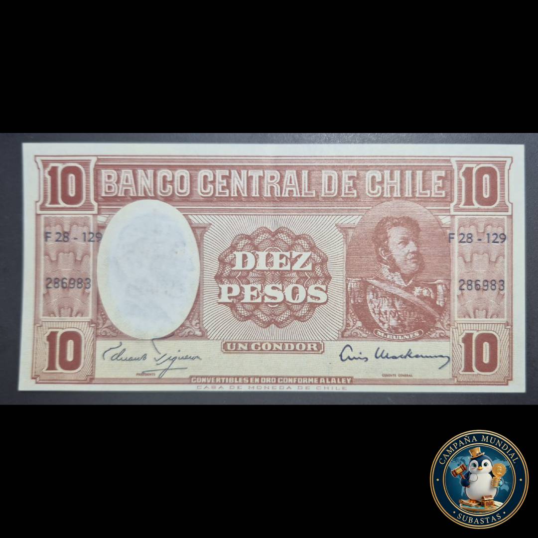C1204 BILLETE DE DIEZ PESOS CON SOBRECARGA DE 1 CENTESIMO DE ESCUDO.   UNC  CHILE