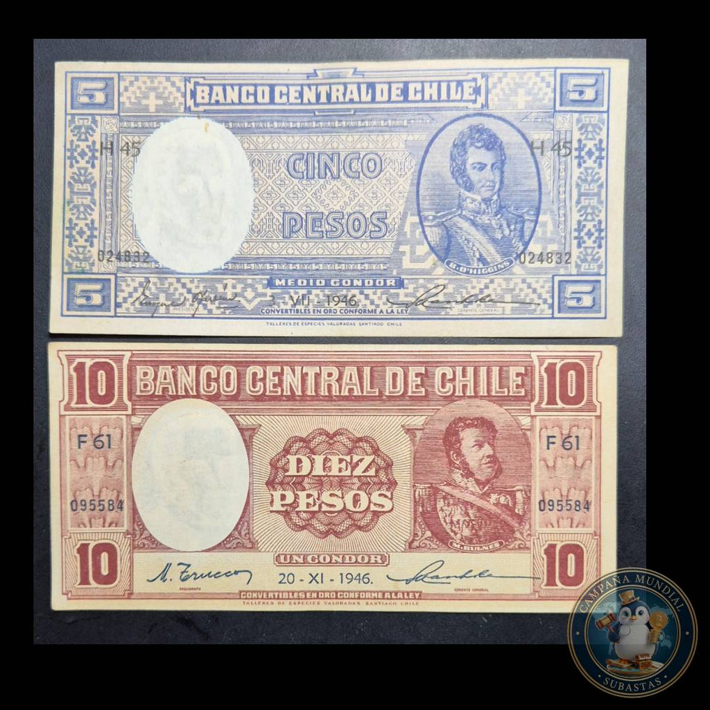 C1208 DOSx BILLETES DE 5 Y 10 PESOS FEHADOS 3-VII- 1946  Y 20-XI-1946  FIRMAS: OYARZÚN-MASHKE y TRUCCO-MASKHE   AUNC/AUNC    CHILE