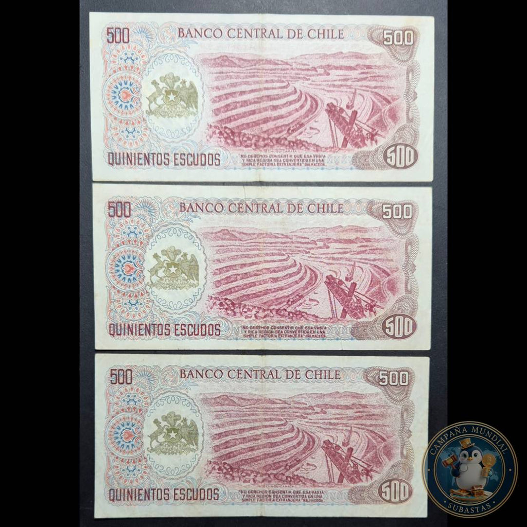 C1209 ""TRES(3) x BILLETES DE 500 ESCUDOS DENOMINADO MINERO  VX+ a XF+     CHILE""