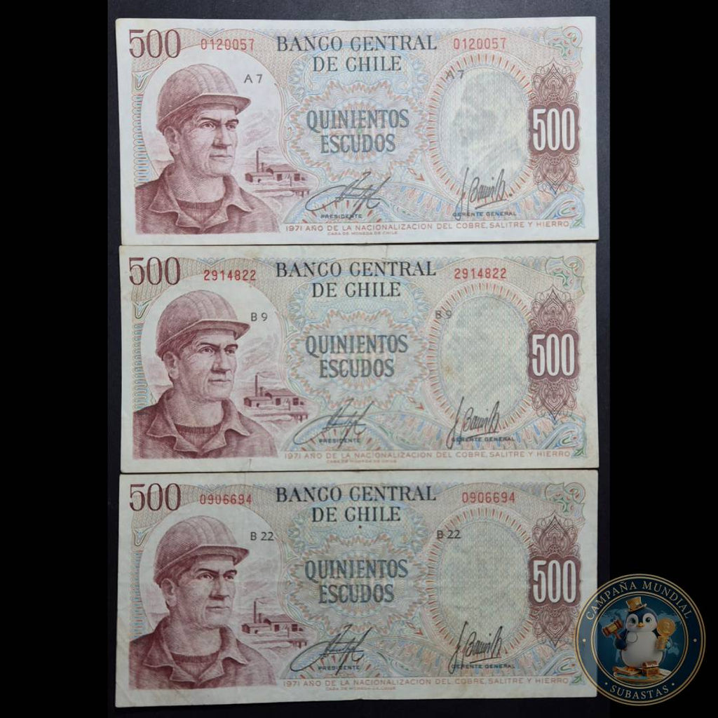 C1209 ""TRES(3) x BILLETES DE 500 ESCUDOS DENOMINADO MINERO  VX+ a XF+     CHILE""