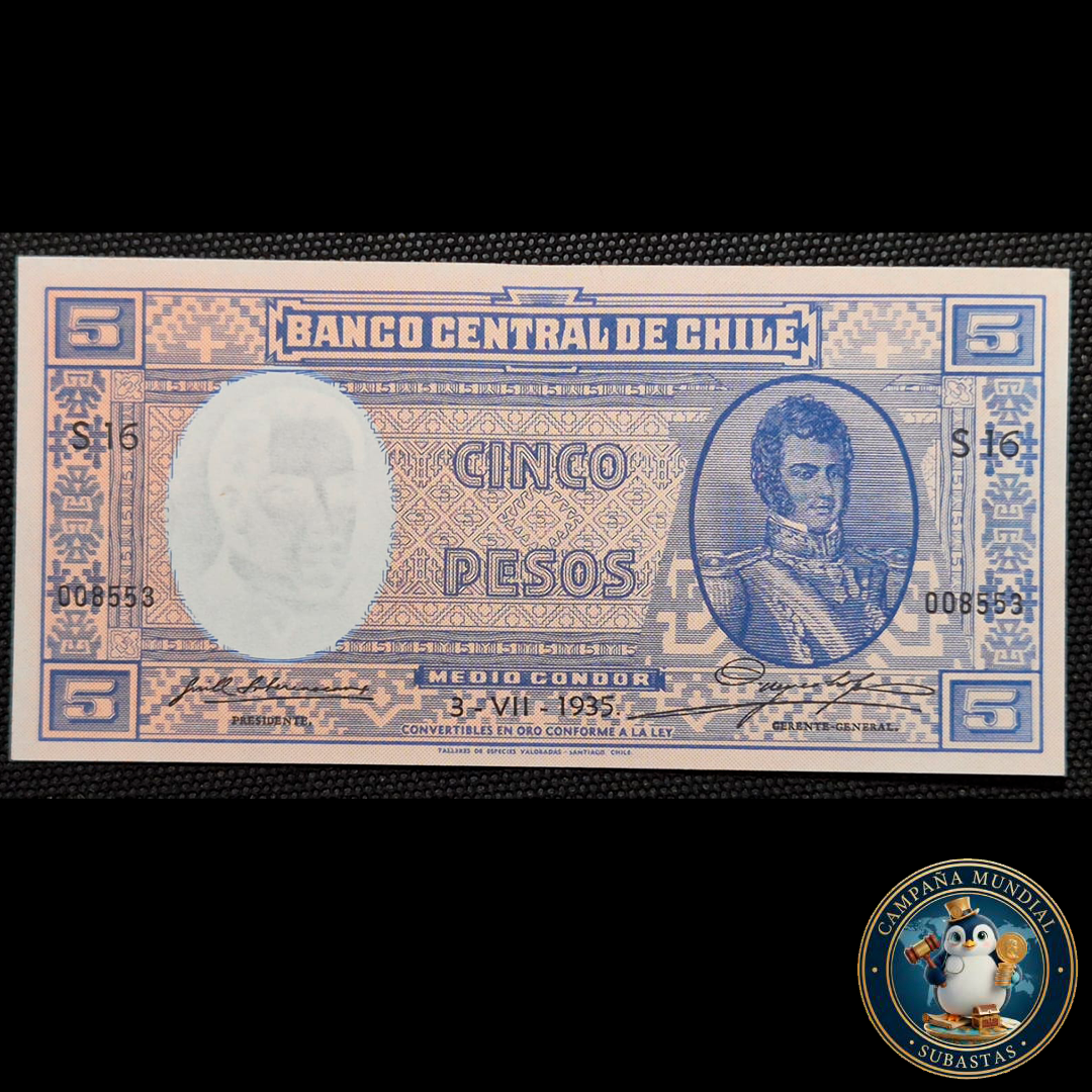 C1213 BILLETE DE CINCO (5) PESOS FEHADO 3-VII-1935   XF+    CHILE