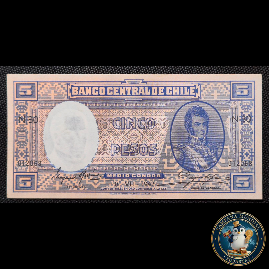 C1214 BILLETE DE CINCO (5) PESOS FEHADO 8-VII-1942   UNC    CHILE