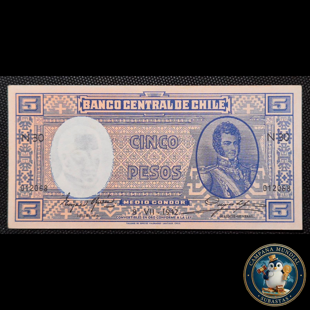 C1214 BILLETE DE CINCO (5) PESOS FEHADO 8-VII-1942   UNC    CHILE