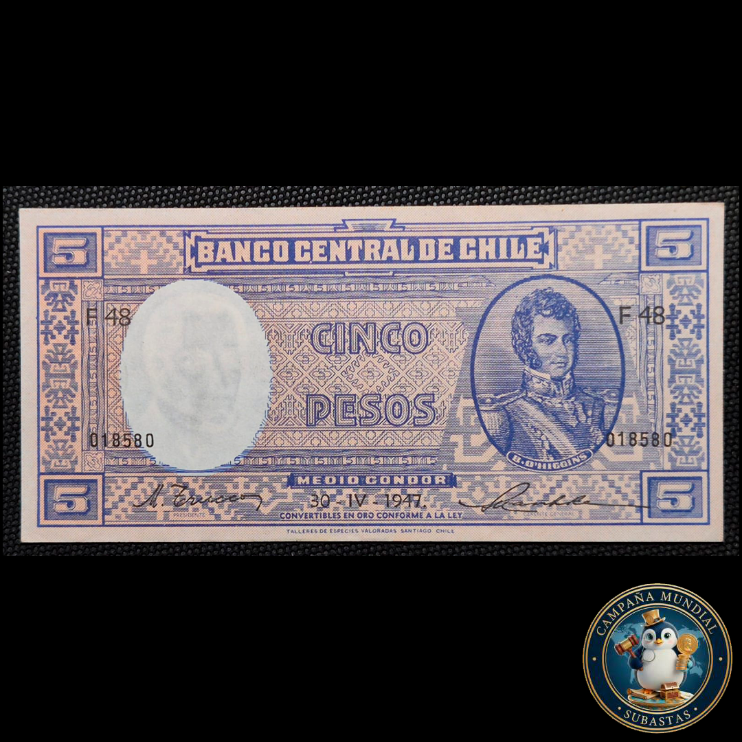 C1216 BILLETE DE CINCO (5) PESOS FEHADO 30-IV-1947   XF+    CHILE