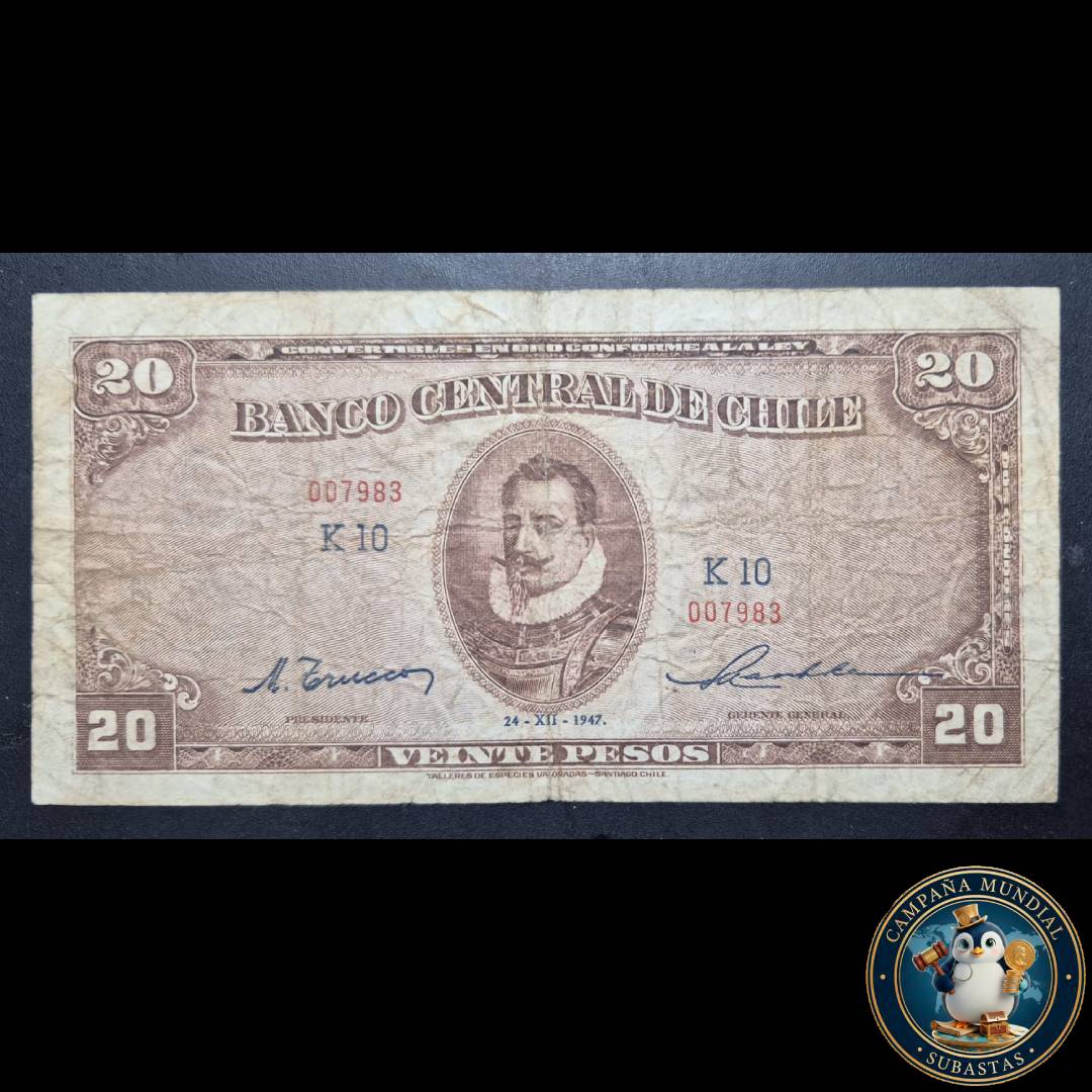 C1224 BILLETE DE 20 PESOS TRUCCOS-MASHKE  VF-   CHILE