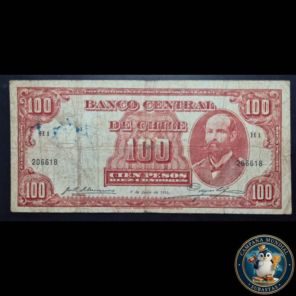 C1226 ""BILLETE 100 PESOS FIRMAS: SUBERCASEAUX-MEYERHOLZ DENOMINADO: CONGRIO   VF-   CHILE""