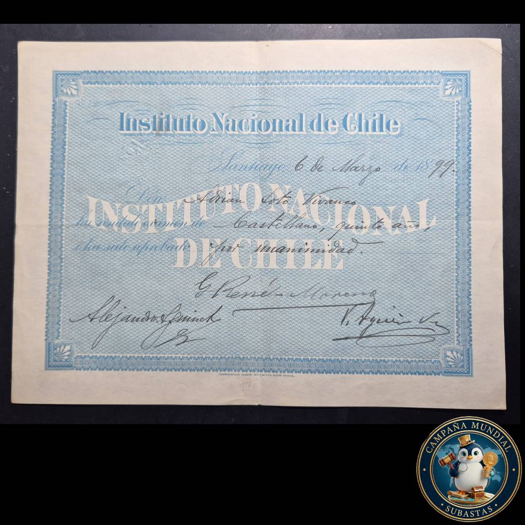C1229 ""DIPLOMA EMITIDO POR EL INSTITUTO NACIONAL DE CHILE EL 6 DE MARZO DE 1899   CHILE""