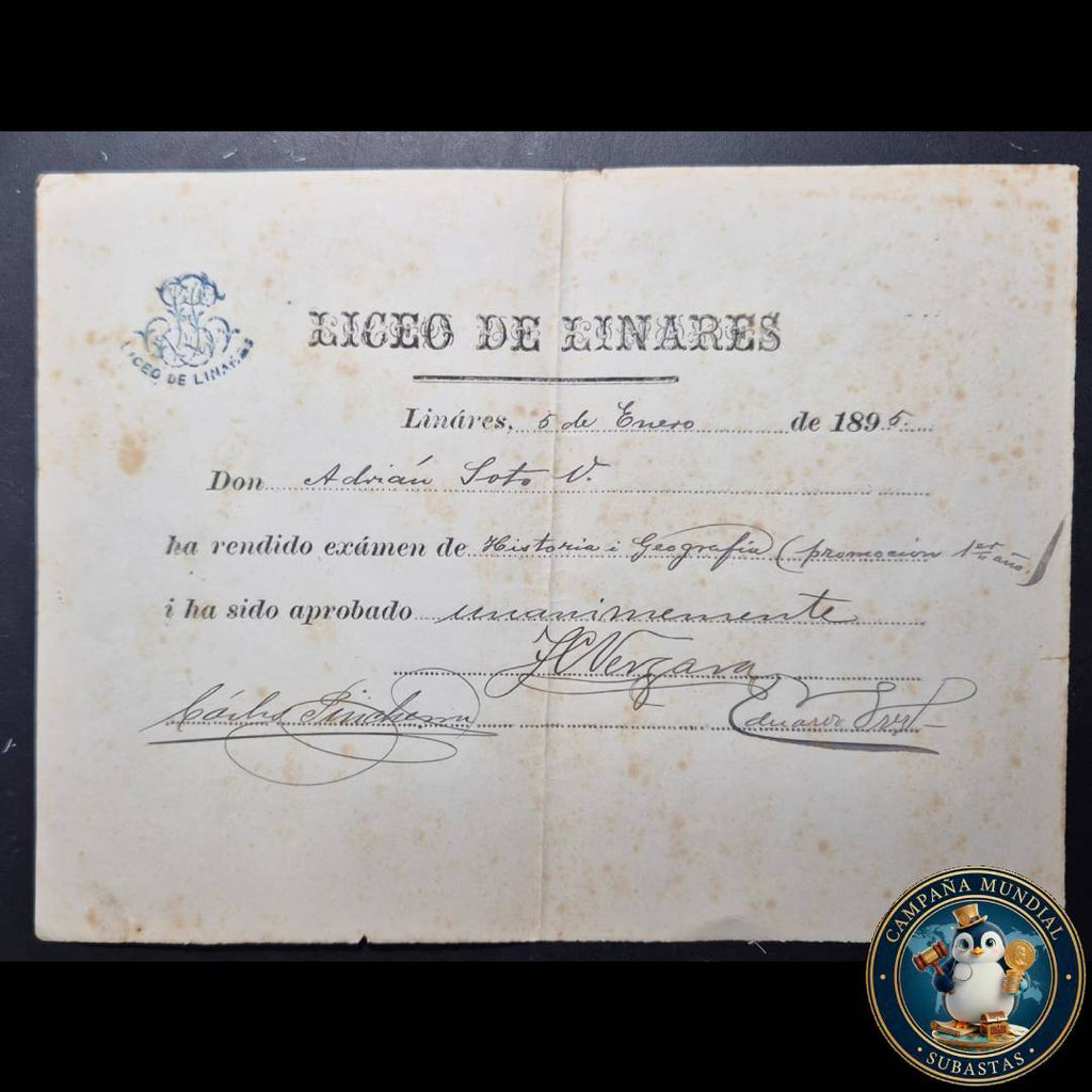 C1230 ""DIPLOMA EMITIDO POR EL LICEO DE LINARES EL 5 DE ENERO DE 1895   CHILE""
