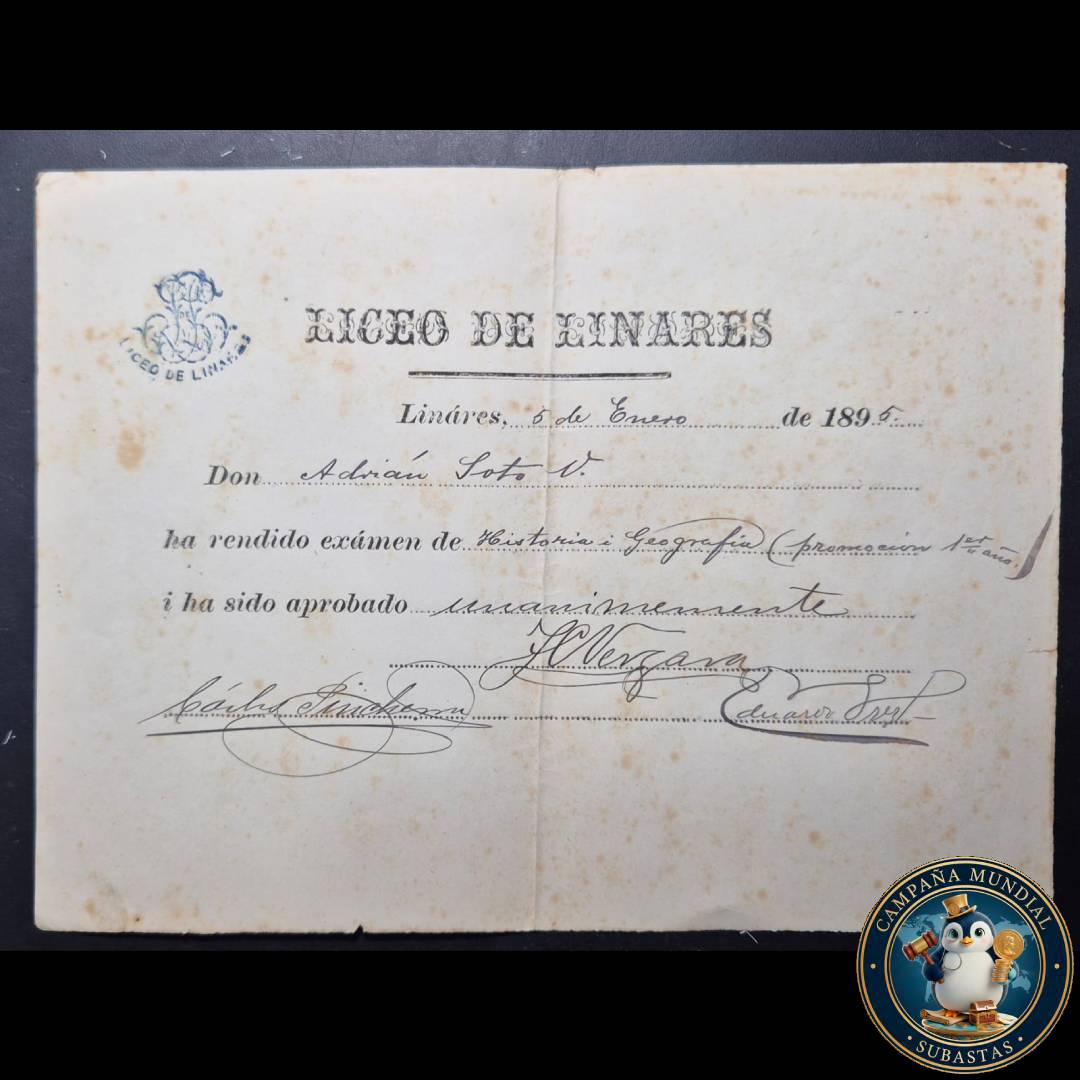 C1230 ""DIPLOMA EMITIDO POR EL LICEO DE LINARES EL 5 DE ENERO DE 1895   CHILE""