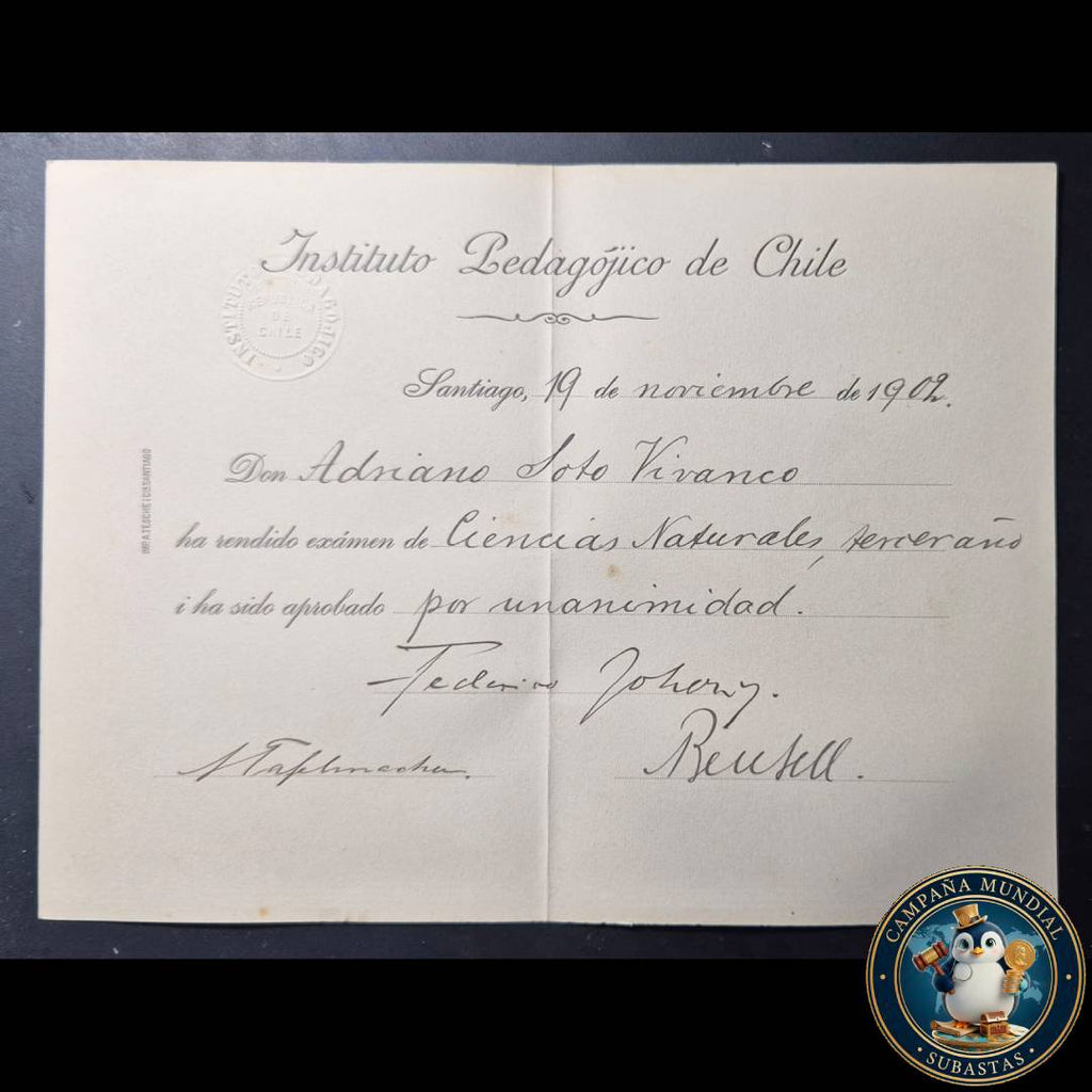 C1231 ""DIPLOMA EMITIDO POR EL INSTITUTO PEDAGÓJICO DE CHILE EL19 DE NOVIEMBRE DE 1902   CHILE""