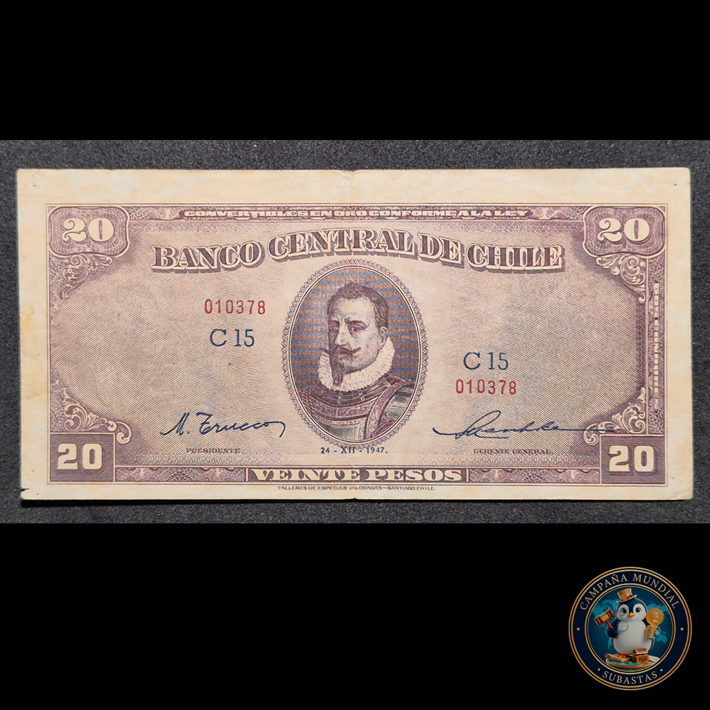 C306 .- BILLETE DE 20 PESOS FECHADO: 24-XII-1947  FIRMAS: TRUCCO-MASCHKE  VF   CHILE