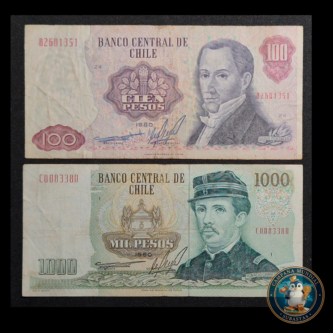 C307 .- 2 x BILLETES AMBOS  AÑO: 1980   FIRMAS: BARDÓN-MOLINA  VF-/VF    CHILE