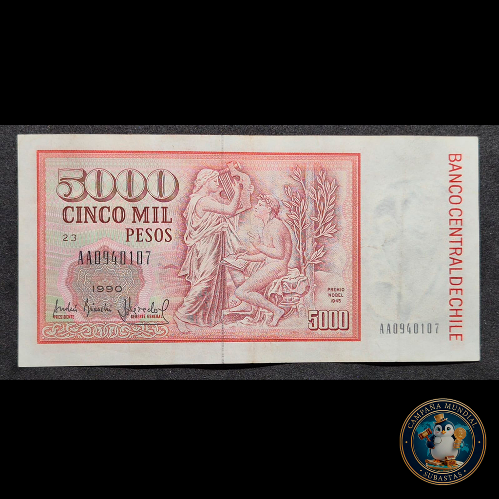 C309 .- BILLETE 5000 PESOS  AÑO: 1990   FIRMAS: BIANCHI-ACEVEDO  XF-     CHILE