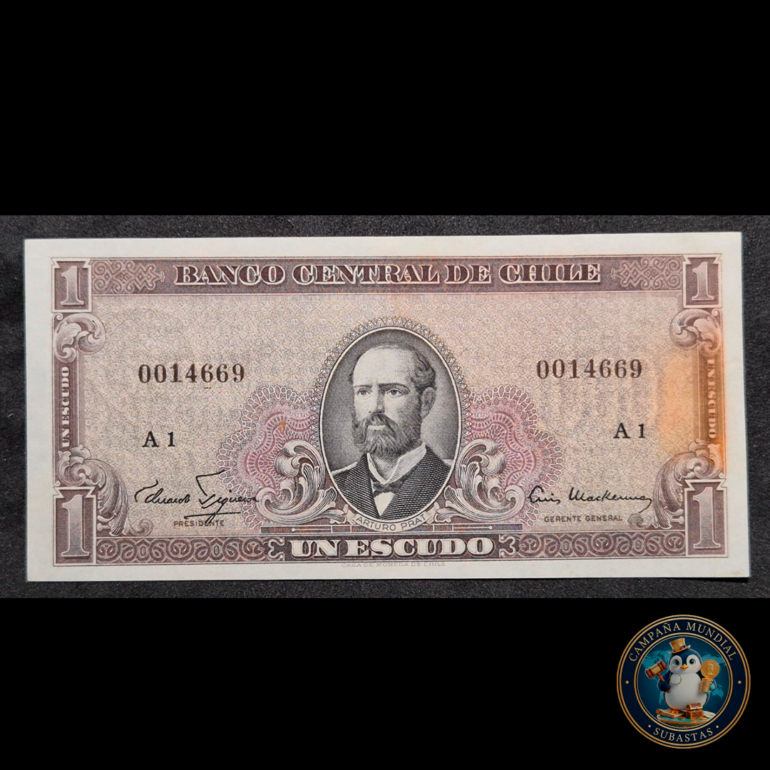 C311 .- BILLETE UN ESCUDO   SELLO DE AGUA 1000  N° GRANDES  XF+    CHILE