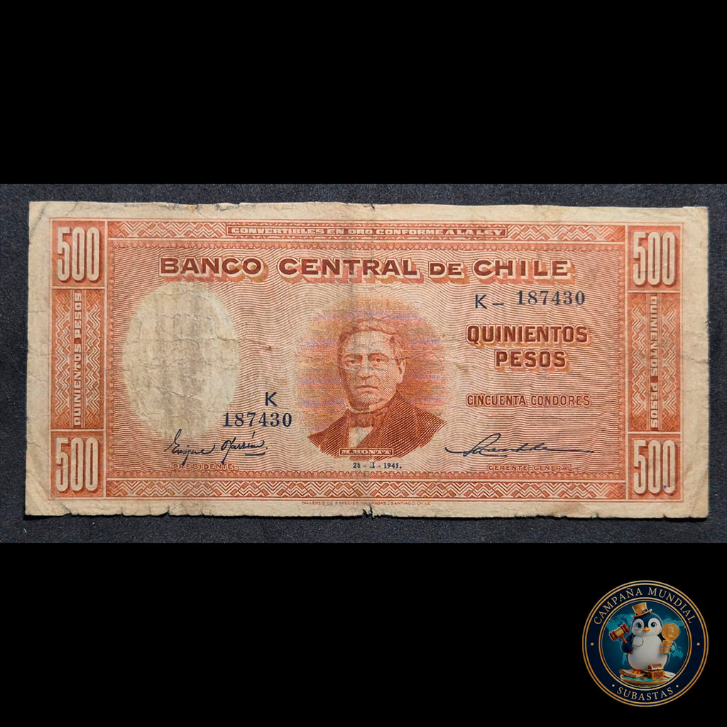 C313 .- BILLETE 500 PESOS  FECHADO: 28-II-1945   FIRMAS: OYAZÚN-MASCKHE   F+     CHILE