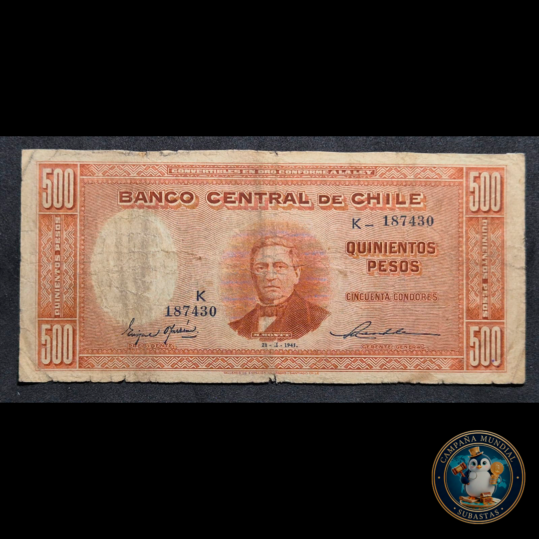 C313 .- BILLETE 500 PESOS  FECHADO: 28-II-1945   FIRMAS: OYAZÚN-MASCKHE   F+     CHILE