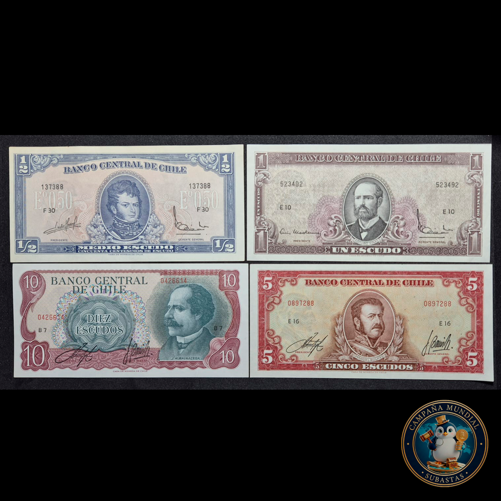 C314 .- CUATRO x BILLETES DE: 1/2; 1; 5 y 10 ESCUDOS  XF a UNC    CHILE
