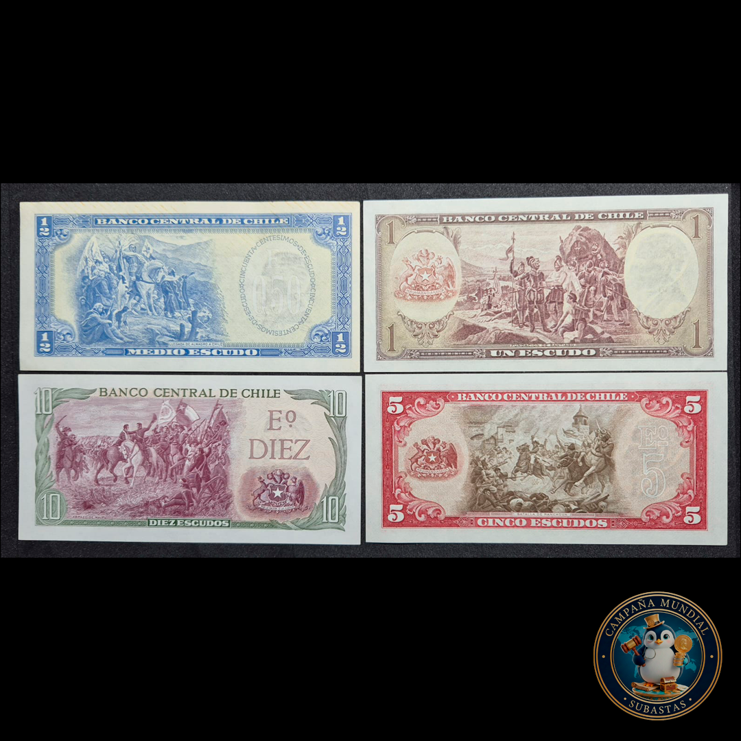 C314 .- CUATRO x BILLETES DE: 1/2; 1; 5 y 10 ESCUDOS  XF a UNC    CHILE