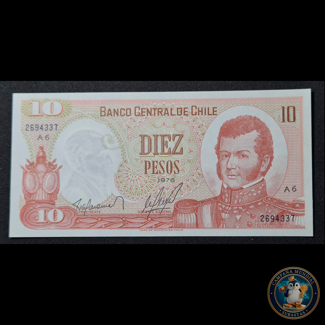 C315 .- BILLETE DIEZ PESOS AÑO 1976  FIRMAS BARAHONA-MOLINA  AUNC    CHILE