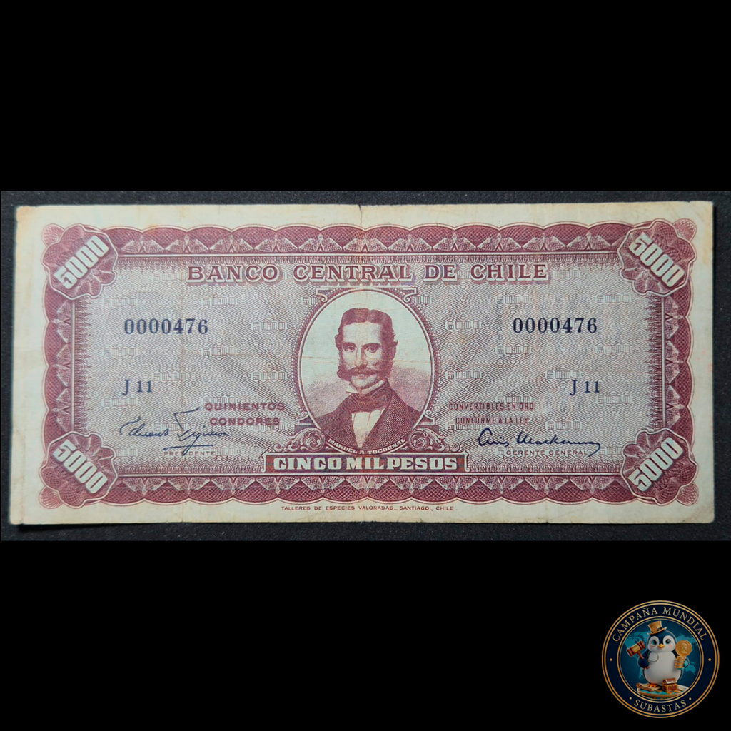 C316 .- BILLETE DE CINCO(5) MIL PESOS FIRMAS: FIGUEROA-MACKENNA SERIE: 0000476  J11 (CON SOBRECARGA DE 5 ESCUDOS) VF+  CHILE