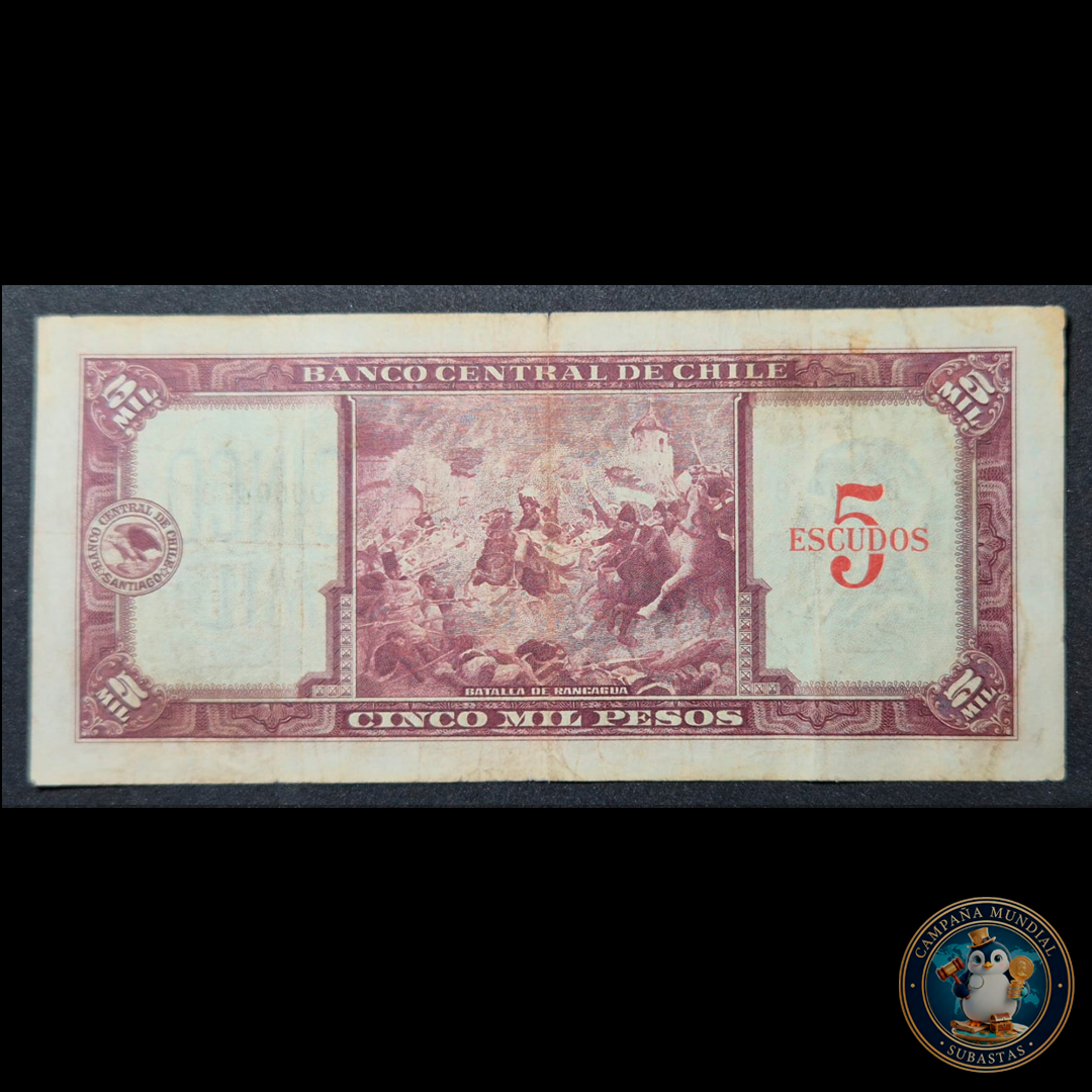 C316 .- BILLETE DE CINCO(5) MIL PESOS FIRMAS: FIGUEROA-MACKENNA SERIE: 0000476  J11 (CON SOBRECARGA DE 5 ESCUDOS) VF+  CHILE