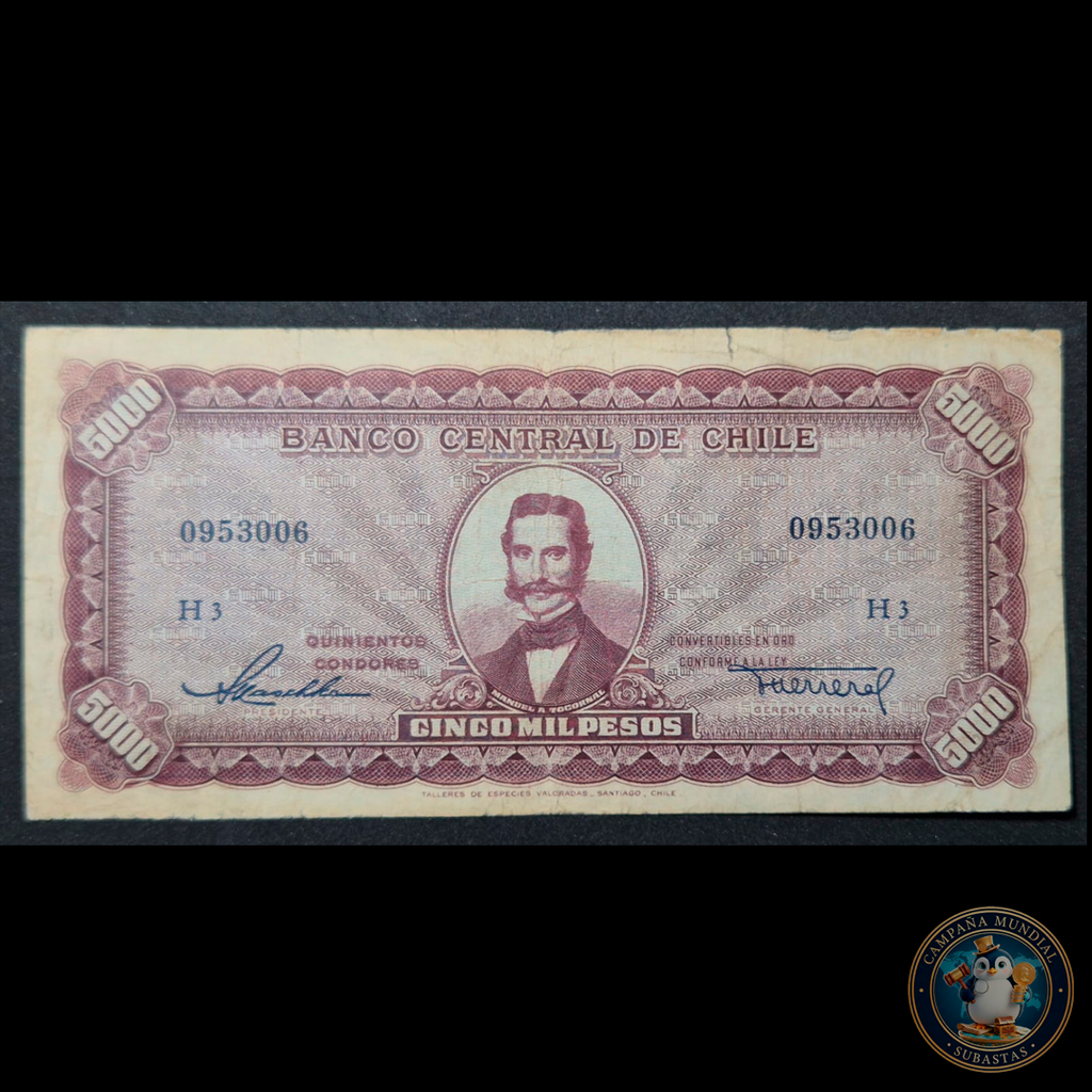 C317 .- BILLETE DE CINCO(5) MIL PESOS FIRMAS: MASCKHE-HERRERA  (SIN SOBRECARGA)  VF   CHILE