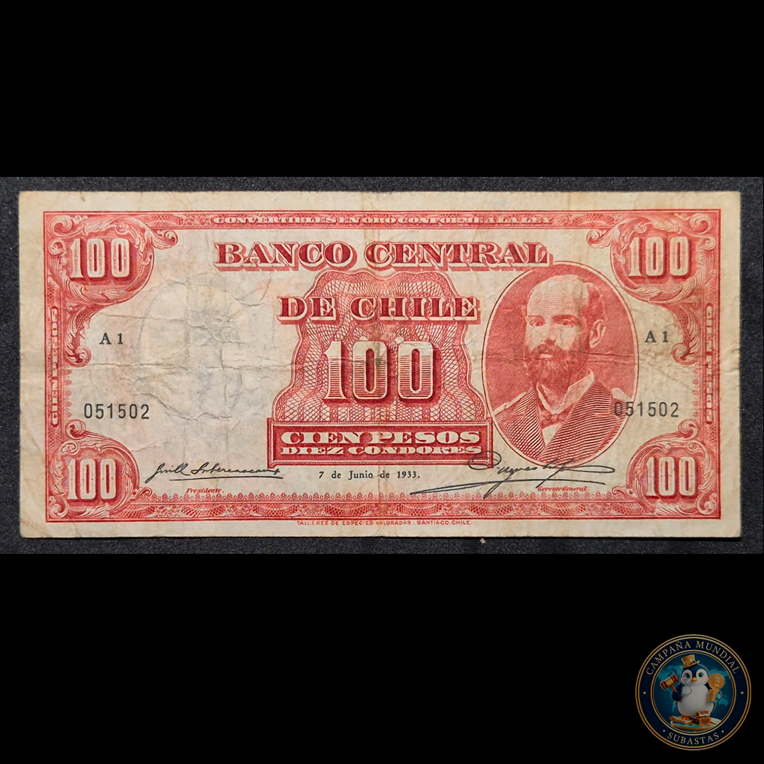 C321 .- BILLETE DE 100 PESOS FECHADO 7 DE JUNIO DE 1933 PRIMERO DE SU SERIE SUBERCASEAUX-MEYERHOLZ (CONGRIO) VF   CHILE
