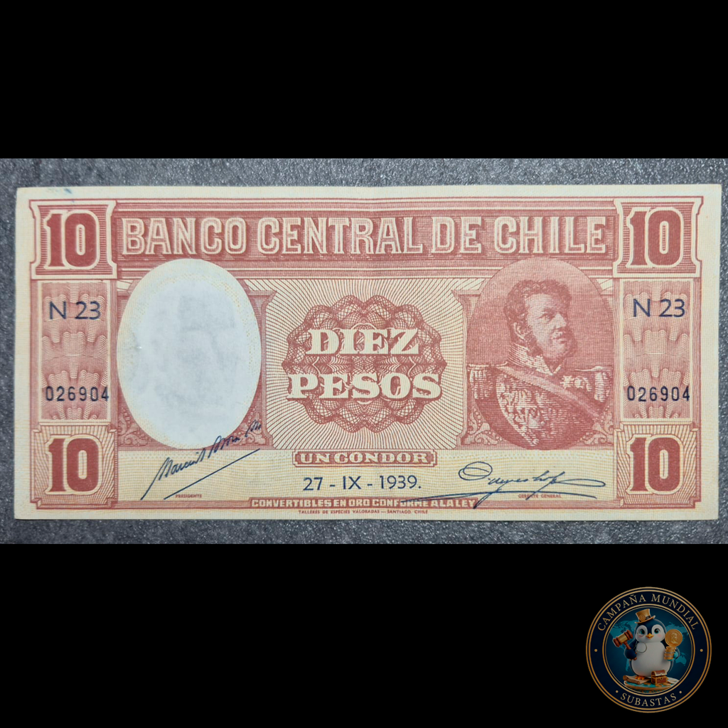 C329 .- BILLETE DIEZ PESOS FECHADO 27-IX-1939  FIRMAS MORA-MEYERHOLZ  XF-    CHILE