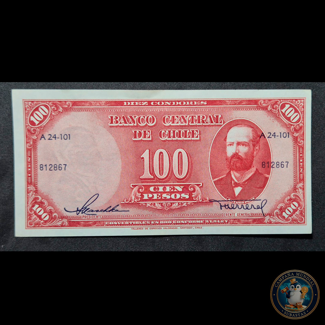 C330 .- BILLETE DE 100 PESOS REVERSO NUEVO (SIN SOBRECARGO)  FIRMAS: MASCHKE-HERRERA  UNC   CHILE