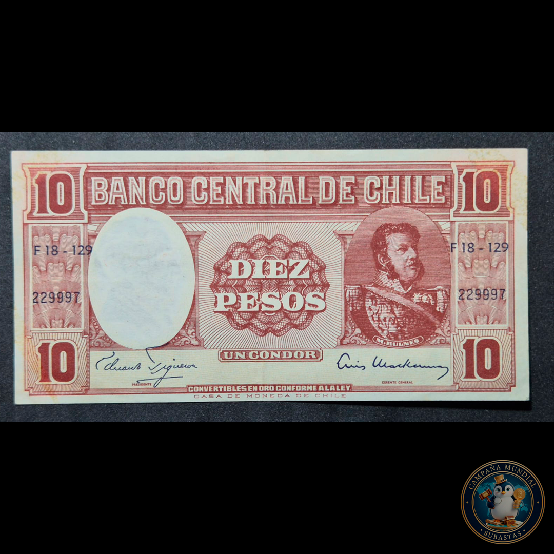 C331 .- BILLETE DE DIEZ(10)  PESOS FIRMAS: FIGUEROA-MACKENNA  (CON SOBRECARGA ) XF  CHILE