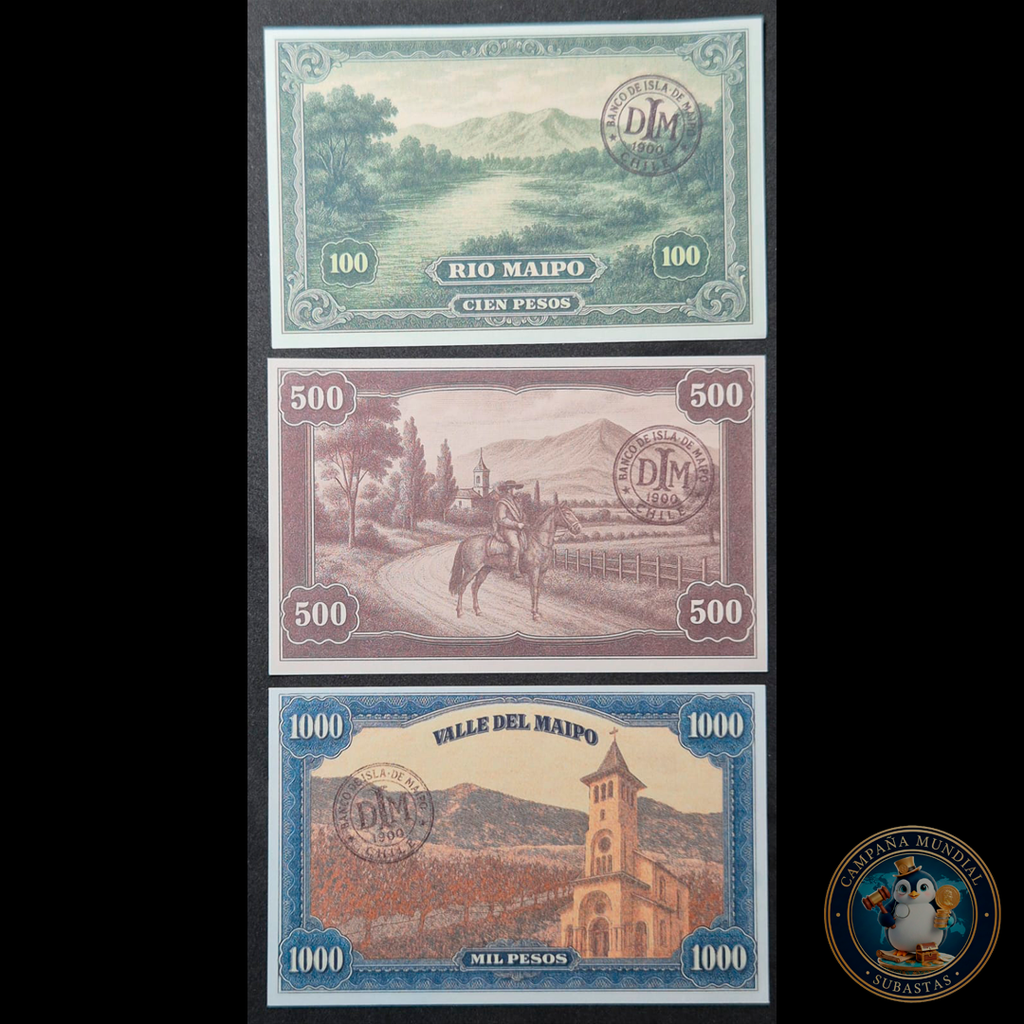 C333 .- TRES(3) EXONUMIAS BANCO ISLA DE MAIPO DE 100, 500 Y 1000   UNC   CHILE