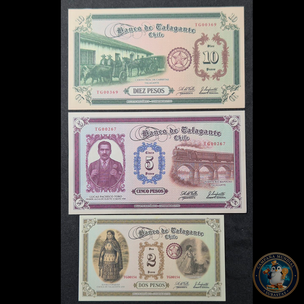 C334 .- TRES(3) EXONUMIAS BANCO DE TALAGANTE  DE 2, 5 Y 10  UNC   CHILE