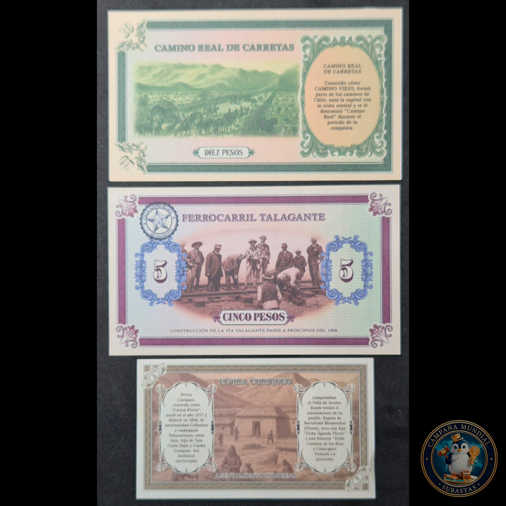 C334 .- TRES(3) EXONUMIAS BANCO DE TALAGANTE  DE 2, 5 Y 10  UNC   CHILE