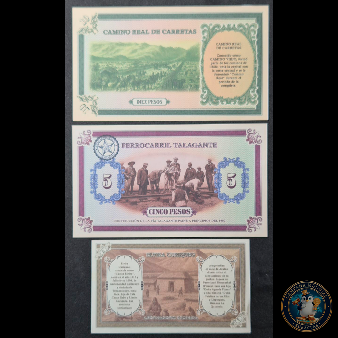 C334 .- TRES(3) EXONUMIAS BANCO DE TALAGANTE  DE 2, 5 Y 10  UNC   CHILE