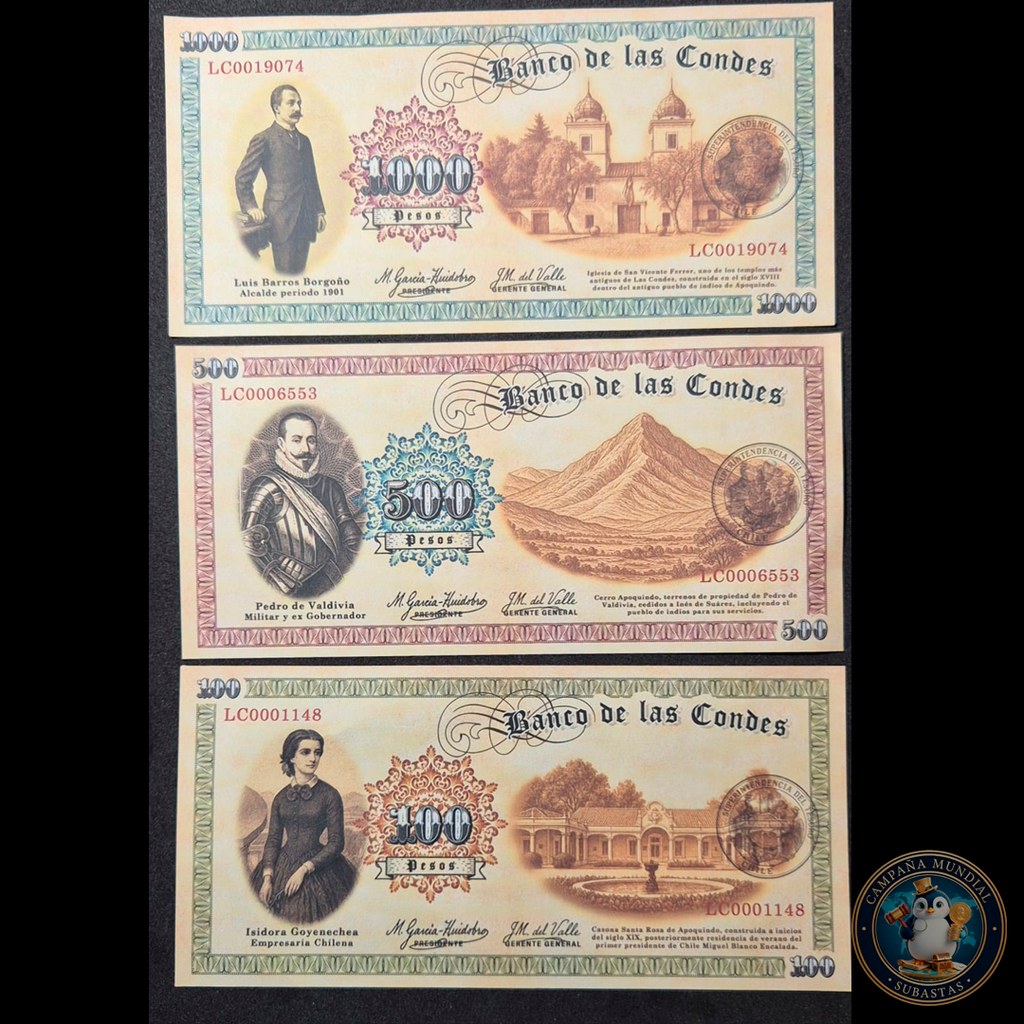 C335 .- TRES(3) EXONUMIAS BANCO LAS CONDES DE 100, 500 Y 1000  UNC   CHILE