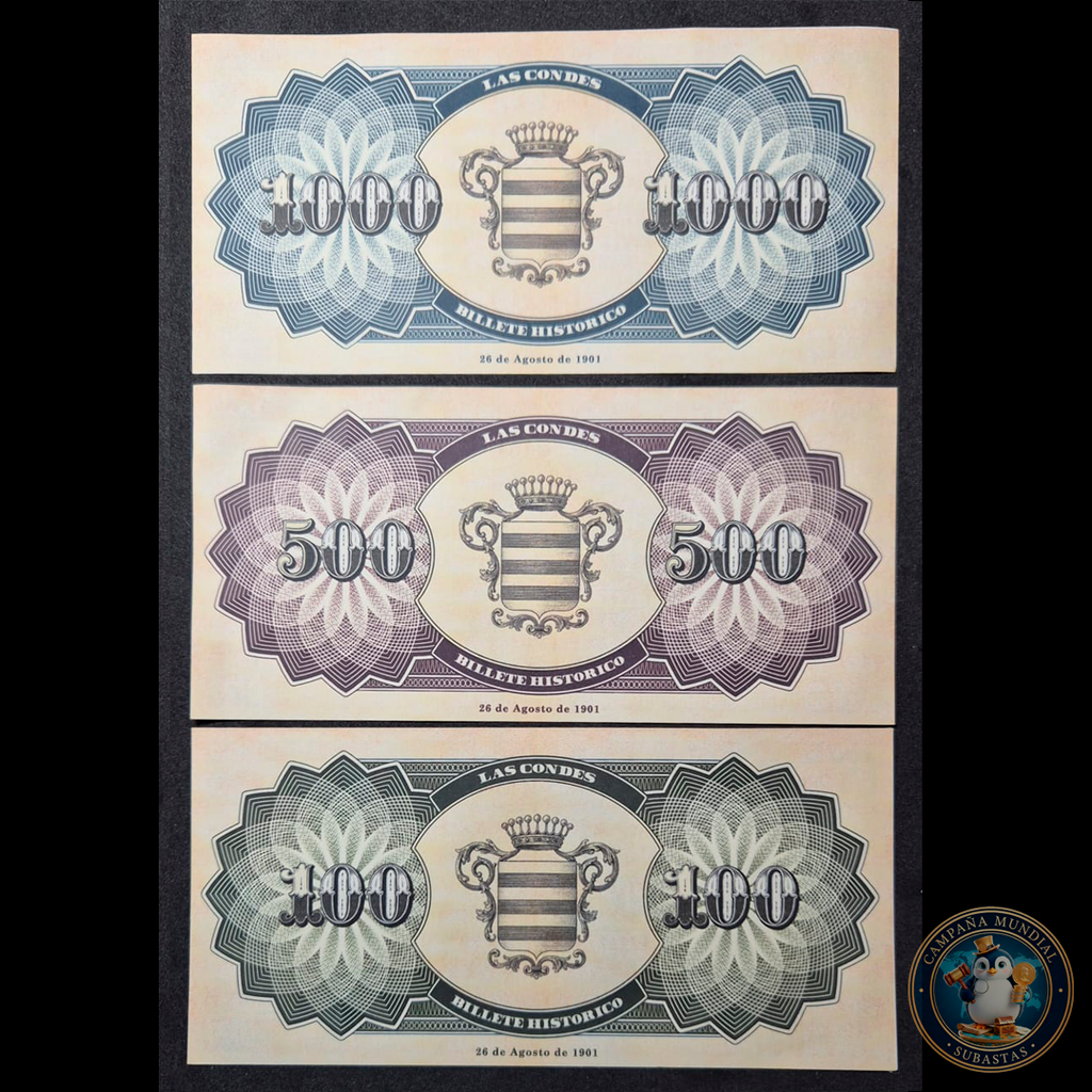 C335 .- TRES(3) EXONUMIAS BANCO LAS CONDES DE 100, 500 Y 1000  UNC   CHILE