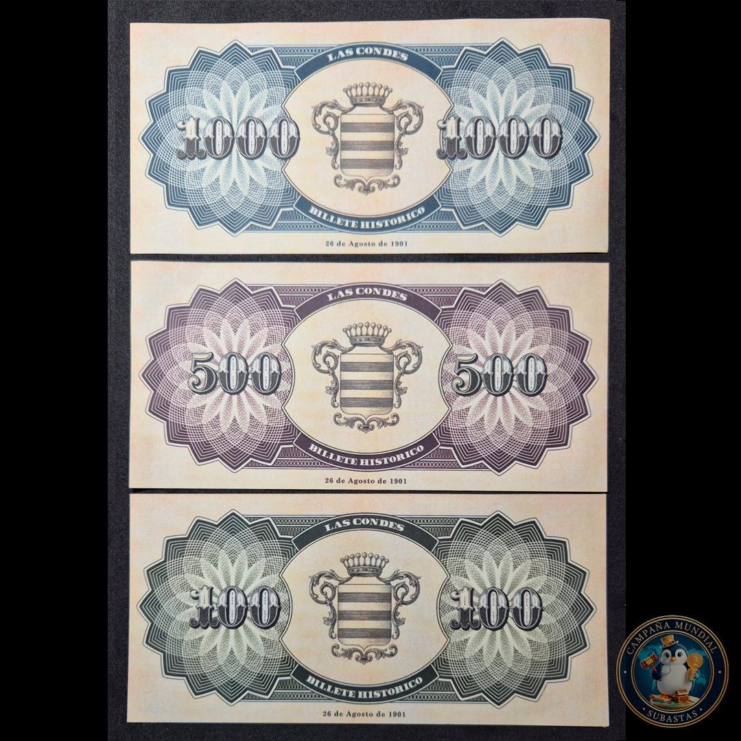 C335 .- TRES(3) EXONUMIAS BANCO LAS CONDES DE 100, 500 Y 1000  UNC   CHILE