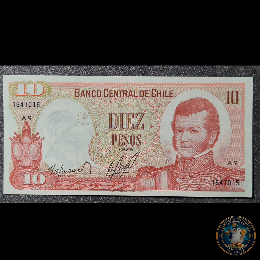C337 .- BILLETE DIEZ PESOS AÑO 1975  FIRMAS BARAHONA-MOLINA  UNC    CHILE