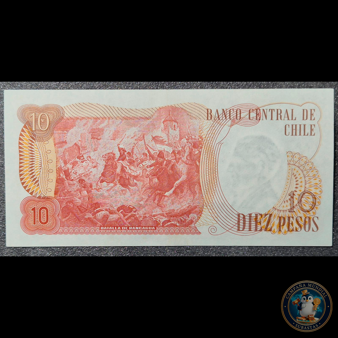 C337 .- BILLETE DIEZ PESOS AÑO 1975  FIRMAS BARAHONA-MOLINA  UNC    CHILE